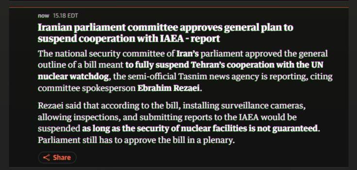 البرلمان الإيراني يصدر قرار بإيقاف التعاون مع المنظمة الدولية للطاقة الذرية.